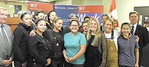 MP Laurie Hawn, Minister Michelle Rempel and Chris Hayman of Emeco with WBF Students